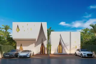 Inara Villa modern entrance with glass facade, water feature, vertical garden, and architectural lighting at night.