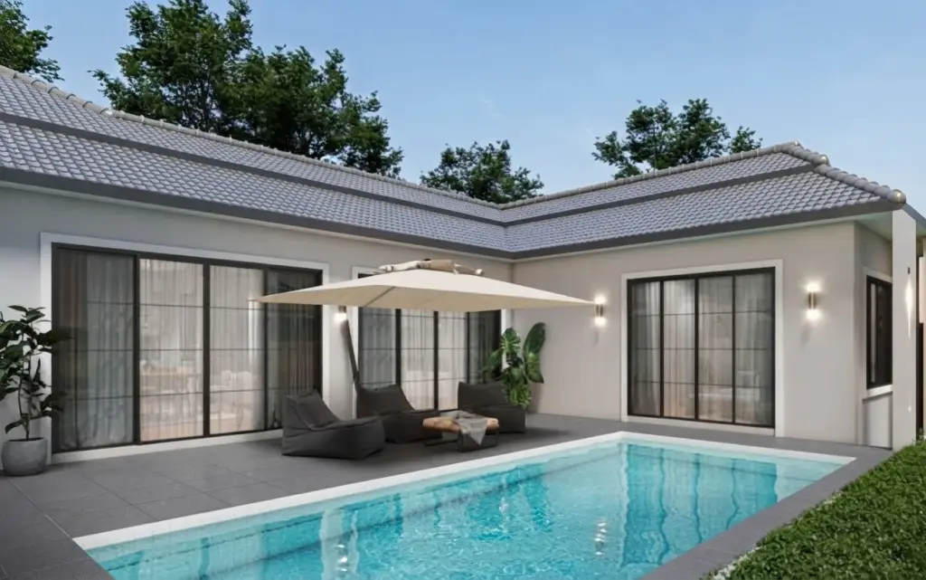 Living 17 At Siam Country house exterior with private swimming pool, patio, outdoor seating, and large sliding glass doors.