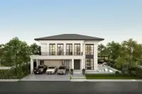 4 Bedroom House for Sale at Arcade Autograph two-storey white exterior with carport, three cars, and private pool