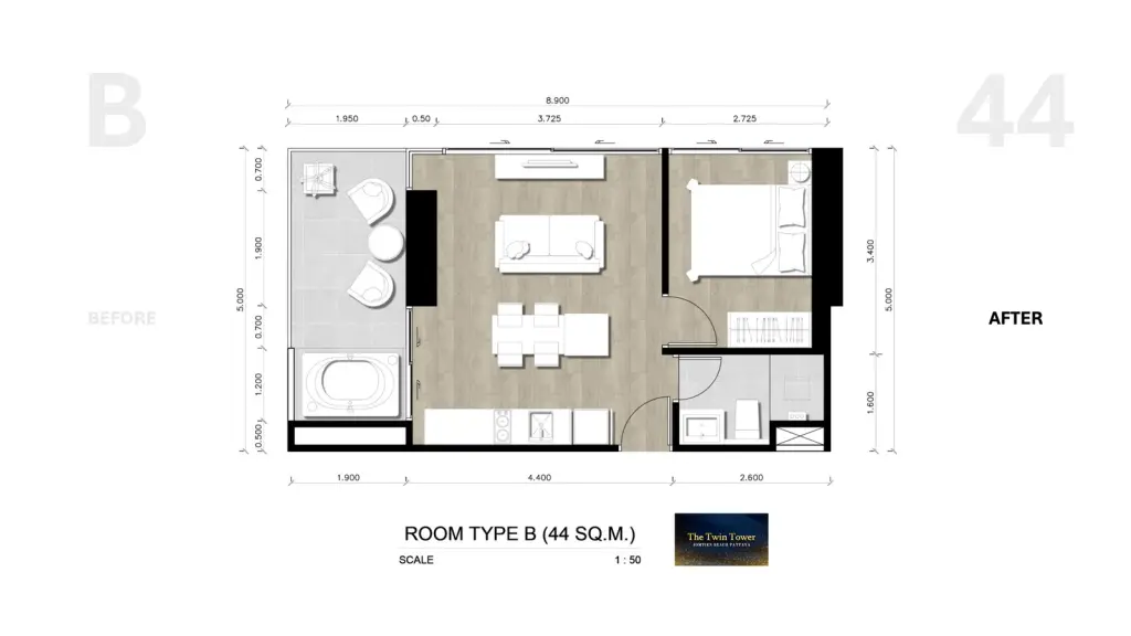 1 Bedroom Condo for Sale at The Twin Tower Jomtien Beach Pattaya wide wrap-around balcony with panoramic Pattaya city and pool view