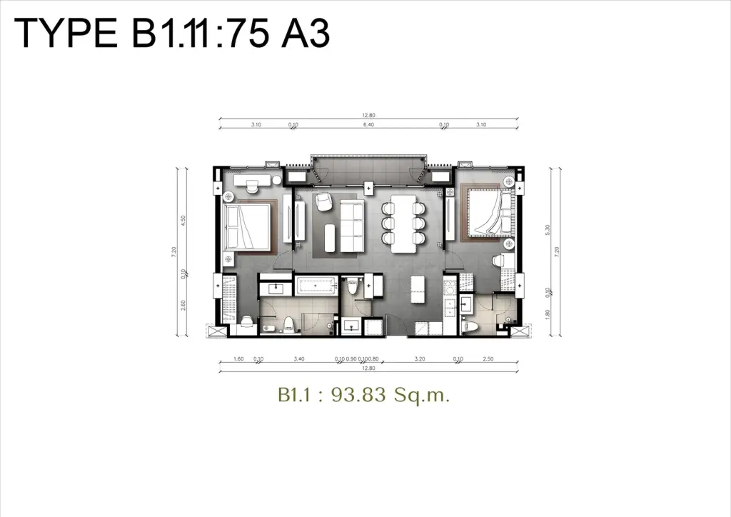 2 Bedroom Condo for Sale at Panora Estuaria modern dining area with black marble table and open-plan kitchen.