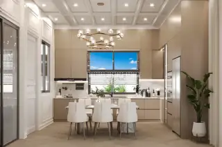Larelana Villa open-plan kitchen and dining area with light brown cabinetry, marble backsplash, and large window.