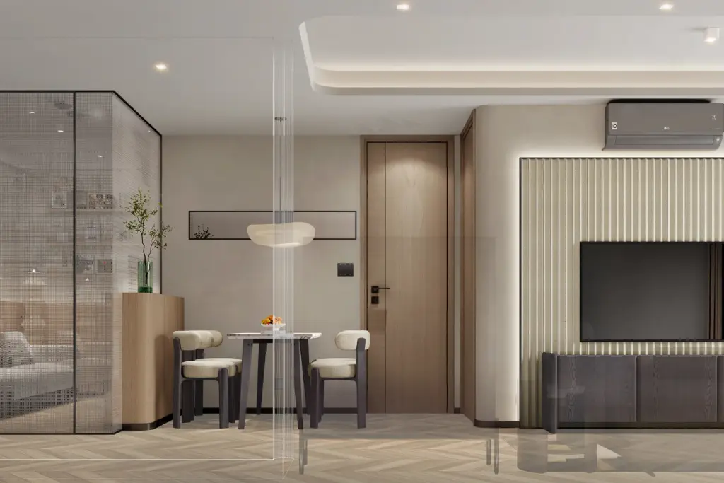 1 Bedroom Condo for Sale at Level Pratumnak dining area with wooden table, chairs and TV wall