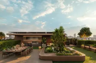 Level Pratumnak rooftop aerial view with solar panels, jacuzzi, sun deck, green lawn garden and city panorama
