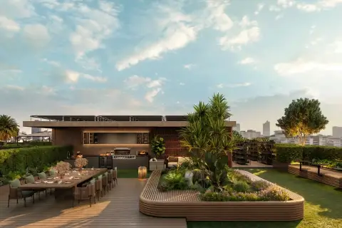 Level Pratumnak rooftop aerial view with solar panels, jacuzzi, sun deck, green lawn garden and city panorama