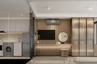 Studio Condo for Sale at Level Pratumnak kitchenette with washer, fridge and wood slat TV wall