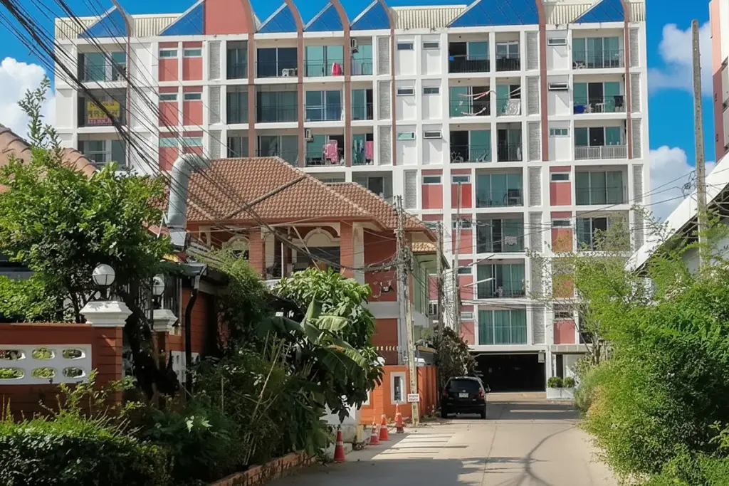 Life Vela Casa condo building exterior with colorful roof accents, seen from a narrow street with lush greenery.