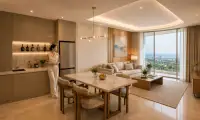 2 Bedroom Condo for Sale at Love It Wongamat Beach open-plan living and dining area with marble surfaces and sea view