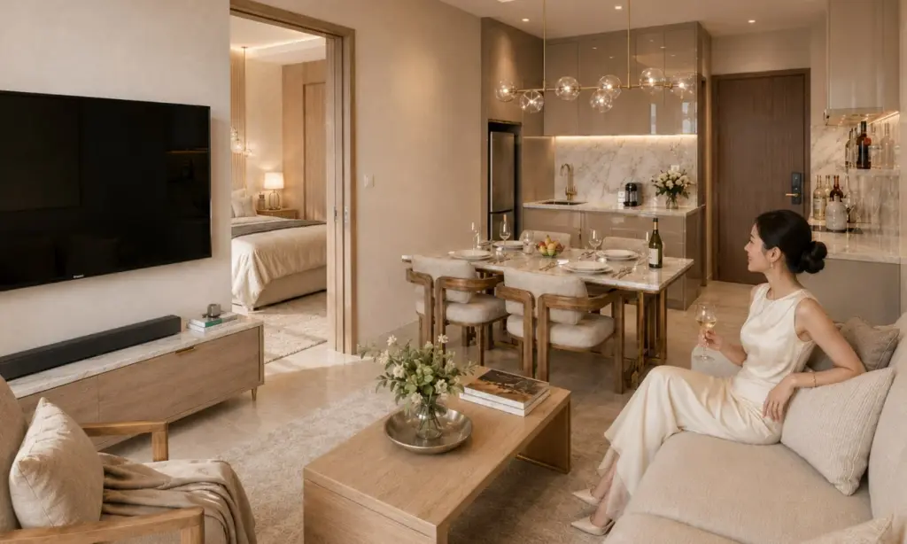 2 Bedroom Condo for Sale at Love It Wongamat Beach open-plan living dining area with marble dining table and panoramic sea view