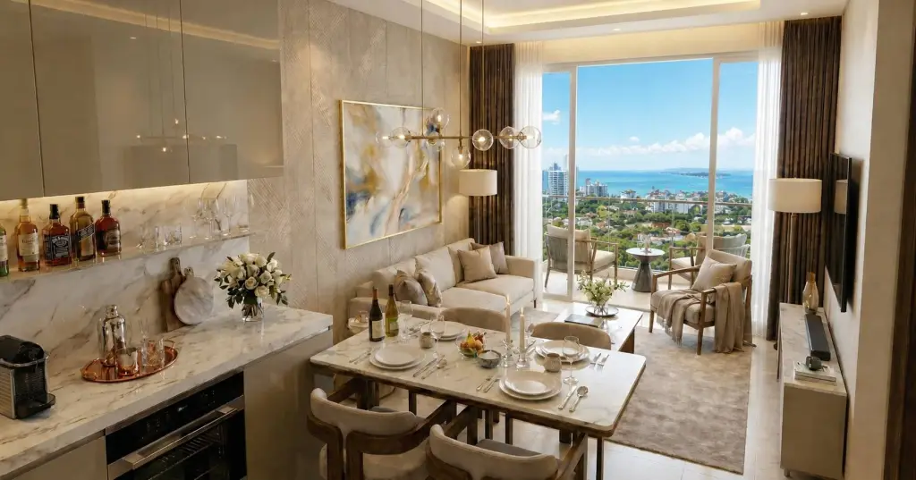 1 Bedroom Condo for Sale at Love It Wongamat Beach open-plan living and dining area with marble surfaces and sea view