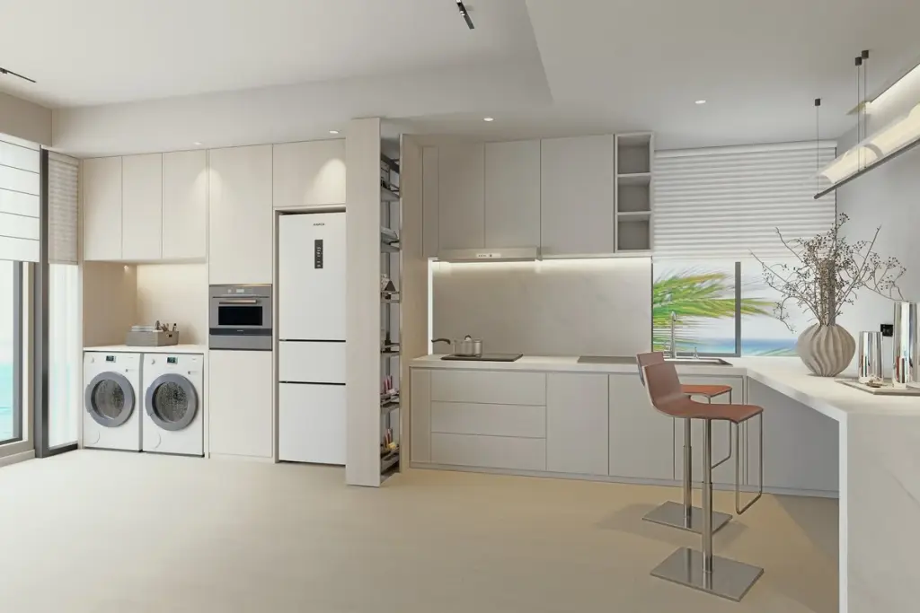 1 Bedroom Condo for Sale at Lucean Bay Jomtien Pattaya open-plan kitchen with built-in appliances, washer dryer and sea view