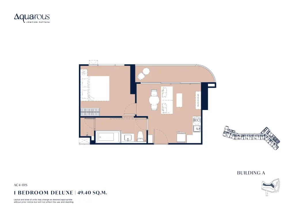 1 Bedroom Condo for Sale at Aquarous Jomtien Pattaya white sofa with orange patterned cushions and crystal decanters on coffee table