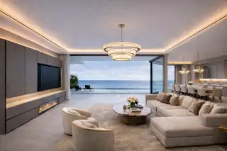 Sea Sky luxury living room with crystal chandelier, sectional sofa, fireplace, and panoramic ocean view