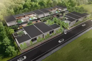 Gravity Prime Pattaya aerial view of modern condo complex with private pools, lush greenery, and surrounding roads.