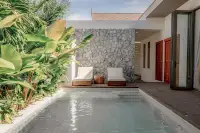 4 Bedroom House for Sale at Dhewee Resort outdoor area with small pool, stone wall, sun loungers, and lush plants.