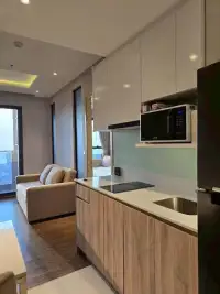 2 Bedroom Condo for Sale at Once Pattaya modern kitchen with wood cabinetry and built-in microwave