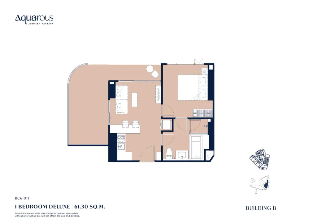 1 Bedroom Condo for Sale at Aquarous Jomtien Pattaya modern bedroom with upholstered headboard, LED cove ceiling, and built-in wardrobe