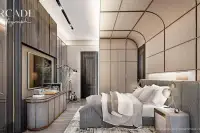 4 Bedroom House for Sale at Arcade Autograph master bedroom with arched panelled ceiling, upholstered bed and wood TV wall