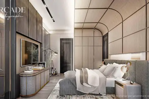 4 Bedroom House for Sale at Arcade Autograph master bedroom with arched panelled ceiling, upholstered bed and wood TV wall