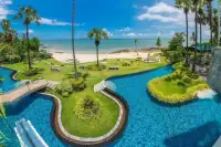 2 Bedroom Condo for Sale at Palm Wongamat panoramic view of winding pool, beach and tropical gardens