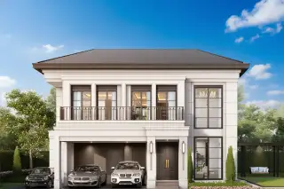Patta Arcade: Modern white two-story house with a dark roof, balcony, three cars in the garage, and a small garden.