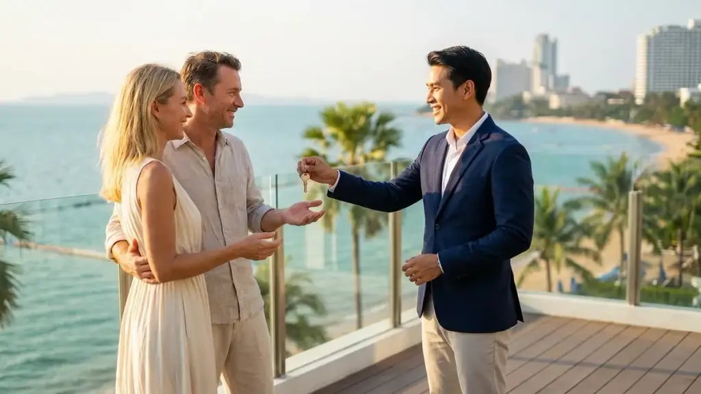 Professional Pattaya real estate agent handing keys to a European couple on a luxury beachfront condominium terrace