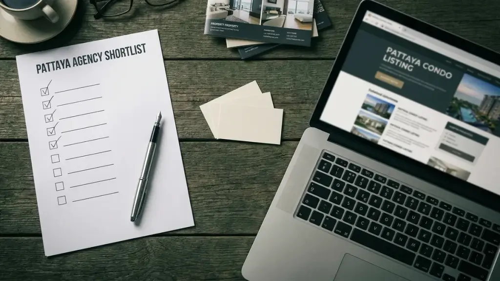 Overhead flat-lay of a buyer's agency shortlist checklist with pen, business cards, laptop and coffee