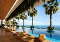 3 Bedroom Condo for Sale at The Riviera Malibu rooftop infinity pool with palm trees and ocean view loungers