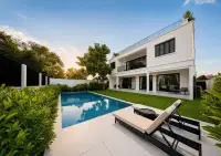 5 Bedroom House for Sale at Highgrove Villas backyard with private pool and sun loungers at dusk