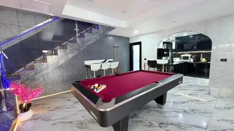3 Bedroom House for Rent in Central Pattaya game room with pool table and marble staircase