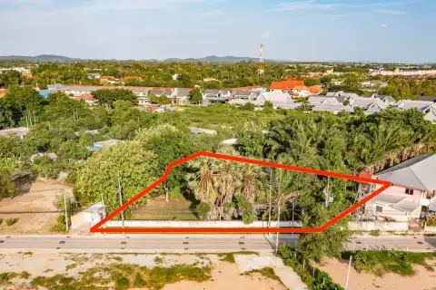 Land for Sale in East Pattaya wide aerial view of palm tree-filled lot bordered by road and residential area