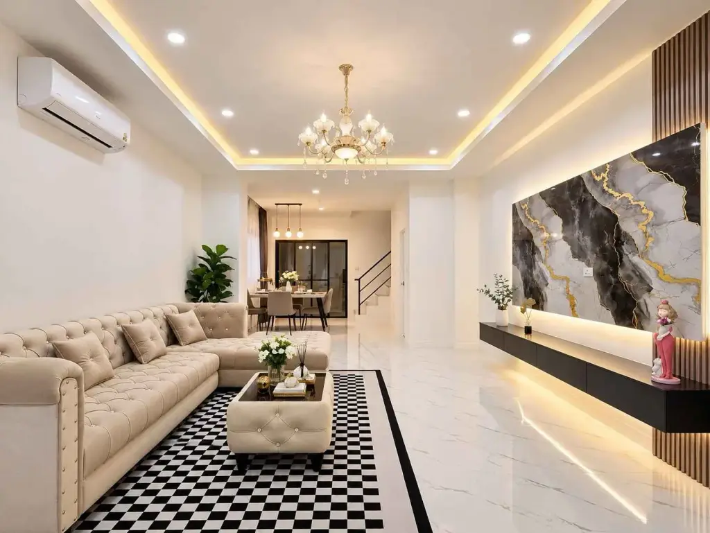 3 Bedroom Townhouse for Rent in Central Pattaya living room with beige tufted sofa and marble feature wall