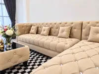 3 Bedroom Townhouse for Rent in Central Pattaya close-up of tufted beige sectional sofa with crystal buttons