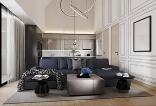 Celestial Villa Pattaya: Elegant bedroom with large bed, patterned headboard, window, and modern decor.