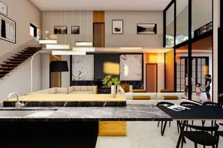 Palisades Contemporary Living, open-plan living area with kitchen island, dining table, and staircase.