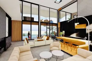 Palisades Contemporary Living, living room with large windows, ocean view, and contemporary furniture.