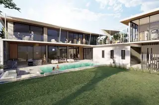 Palisades Contemporary Living, modern house exterior with swimming pool, green lawn, and people relaxing.