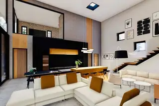 Palisades Contemporary Living, spacious living room with white sofas, wooden stairs, and modern art.