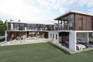 Palisades Contemporary Living, modern house exterior with pool, lawn, and covered parking for two cars.