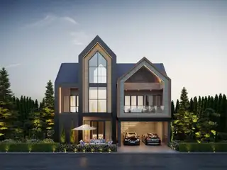 Baan Mae 6 - Madcha Le Villa: Modern two-story house with gabled roof, outdoor patio, and integrated garage.