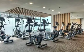 Cetus Beachfront modern gym with various exercise machines and large windows overlooking the ocean.