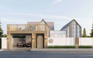Narita Villa exterior street view with a modern facade, covered garage, and rooftop terrace.