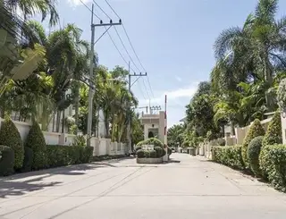 The Meadows gated community entrance with security barrier, lush palm trees, and manicured hedges.
