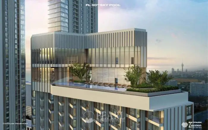 SKYPARK Lucean Jomtien Pattaya rooftop sky pool with lounge chairs and city skyline view at dusk.
