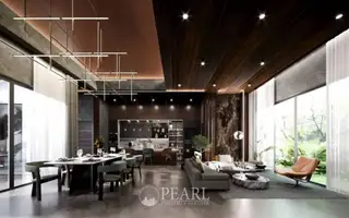 Reservoir Town outdoor patio with private pool, wooden lounge furniture, and large glass doors.