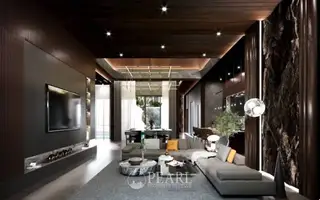 Reservoir Town open-plan living and dining area with modern lighting, large windows, and outdoor view.