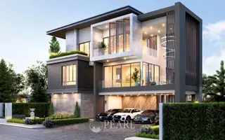 Harmony Hills Villas Pattaya: Contemporary villa exterior with large glass windows, balconies, and a multi-car garage.