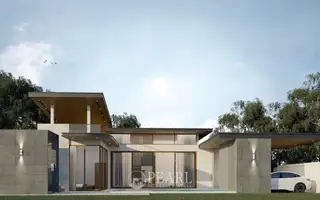 Grand Breeze Luxury Pool Villas Pattaya: Modern villa exterior with large glass doors, a flat roof, and a covered carport with a white car.
