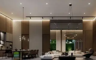 Baan Mae Residence 69 open-plan living and dining area with modern decor, pool view, and integrated kitchen.