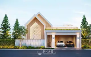 Koji Villa modern house facade with peaked roof, decorative screen, and attached garage with two luxury cars.